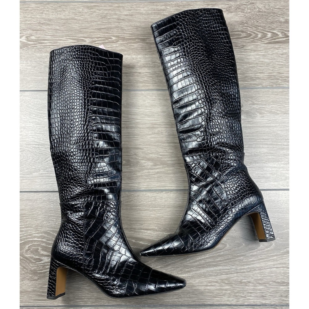 Lafayette 148 Women's Croc Embossed Leather Pull On Knee High Boots Black Sz 8.5